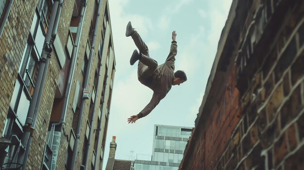 Photo a man in a brown jacket falls backwards from a brick building in the city