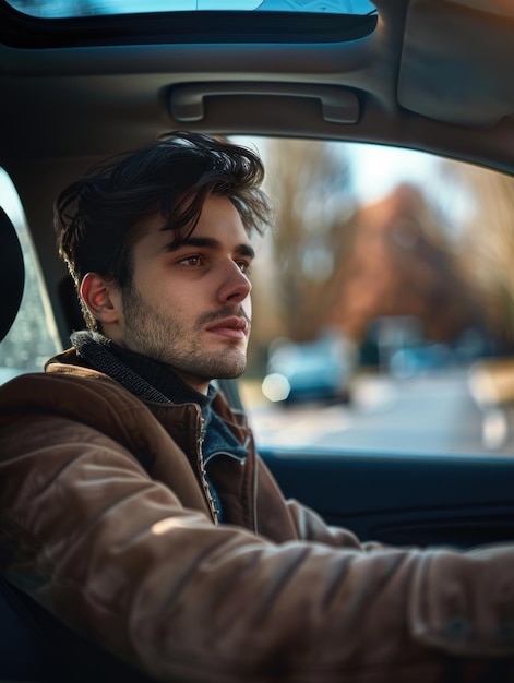 A man in a brown jacket is driving a car