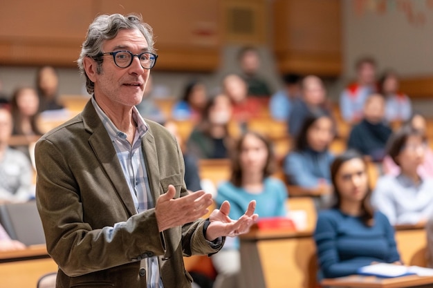 a man in a brown jacket is giving a presentation