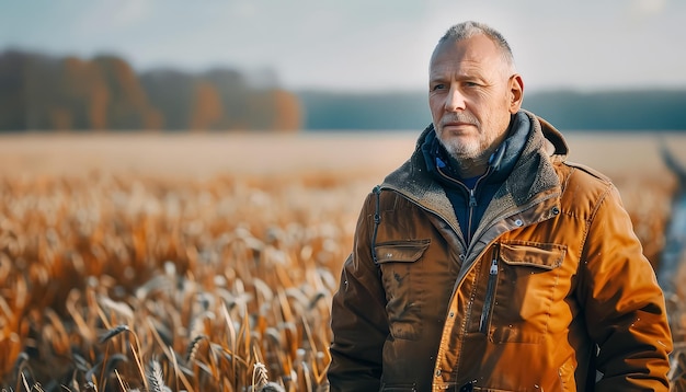 Photo a man in a brown jacket stands in a field of tall grass