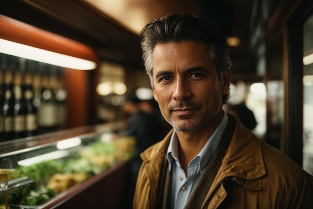 a man in a brown jacket stands in front of a display of food