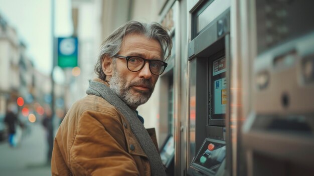 A man in a brown jacket stands in front of a parking meter