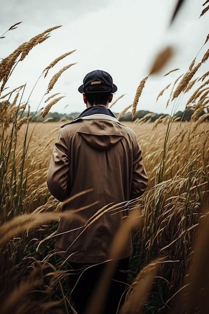 A man in a brown jacket walks through a field of tall grass.