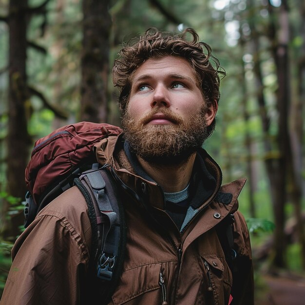 a man in a brown jacket with a beard and a brown jacket