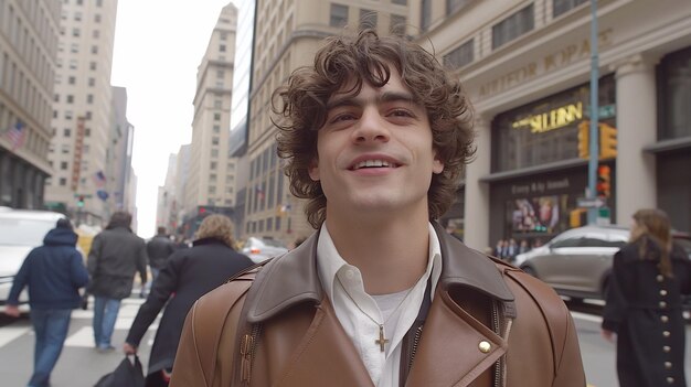 a man in a brown leather jacket is smiling and has a white shirt on