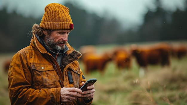 a man in a brown and orange hat is looking at a cell phone