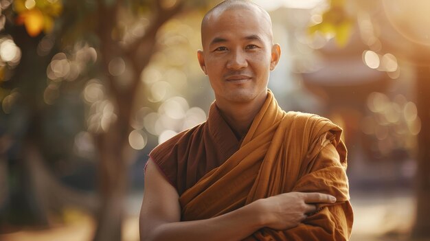 Photo a man in a brown robe standing in front of a tree