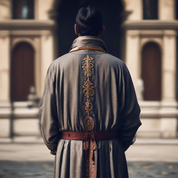 Photo a man in a brown robe stands in front of a building with a gold design on the front