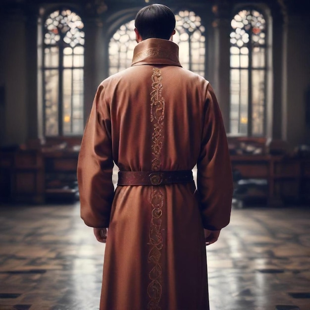 a man in a brown robe stands in a room with a large window behind him