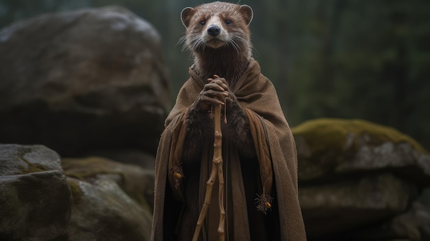 A man in a brown robe with a long brown cape and a brown cape with a long tail and a long tail with a long tail and a long tail.