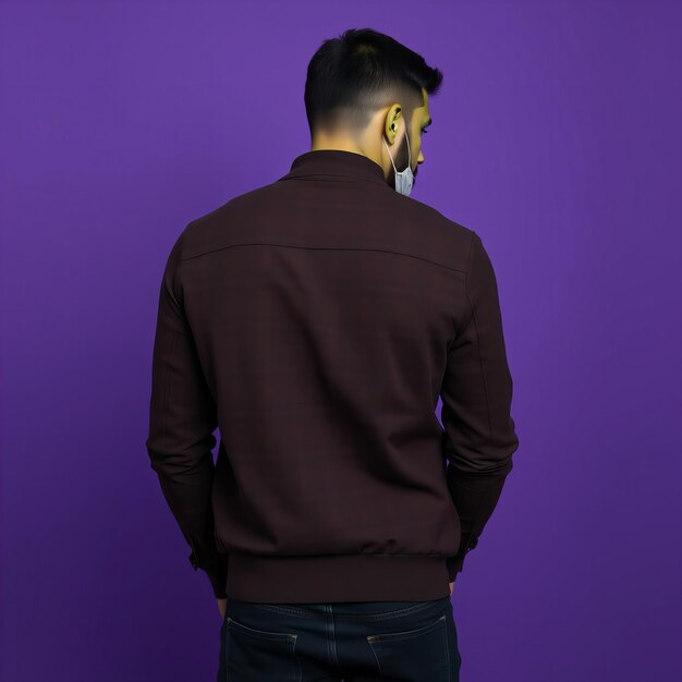 a man in a brown shirt is standing against a purple wall