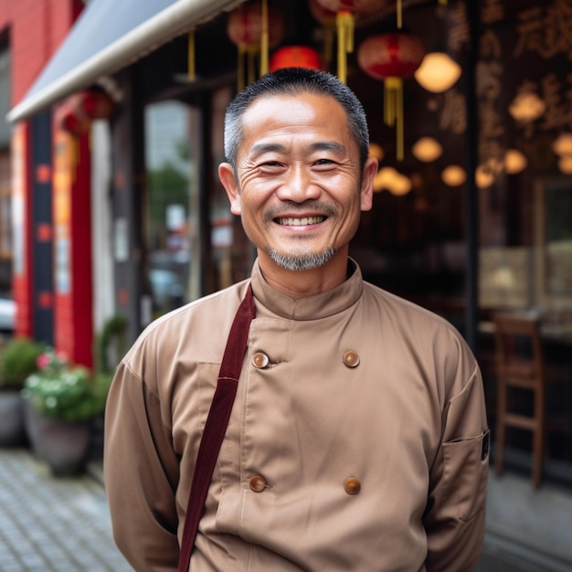 Photo a man in a brown shirt is standing in front of a restaurant