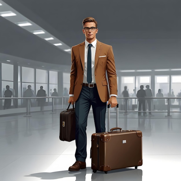 a man in a brown suit stands with his luggage