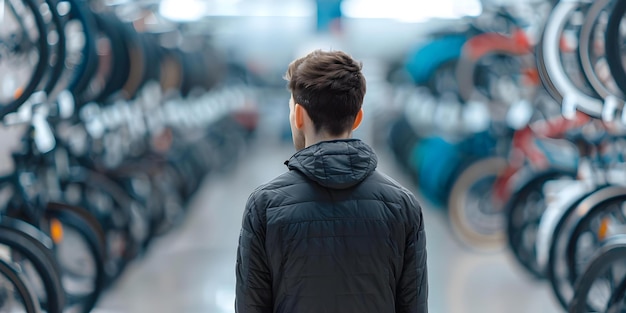 Man browsing electric bikes in urban cycle store Concept Biking Urban Living Sustainable Transportation Electric Vehicles Consumer Choices