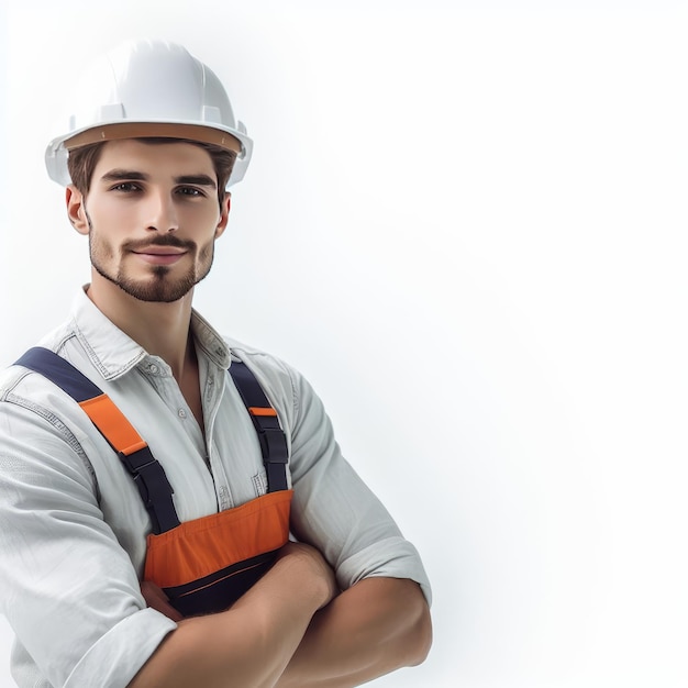 a man in a builder's uniform is under construction in the background