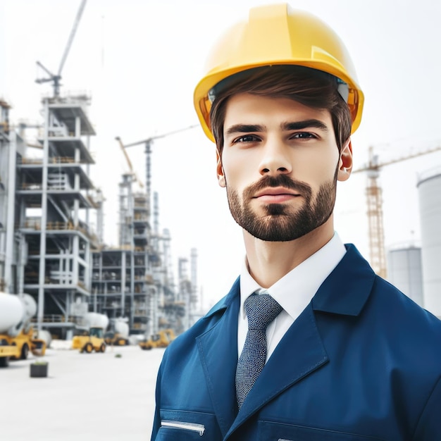 a man in a builder's uniform is under construction in the background