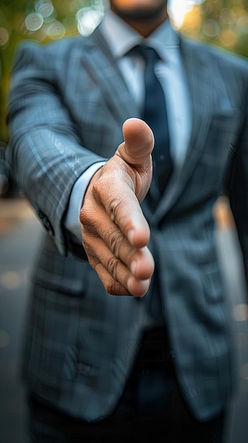 Photo a man in a business suit extends his hand for a business handshake