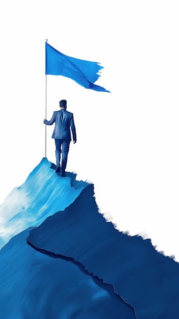 Man in business suit holding blue flag on mountain peak symbolizing success and achievement