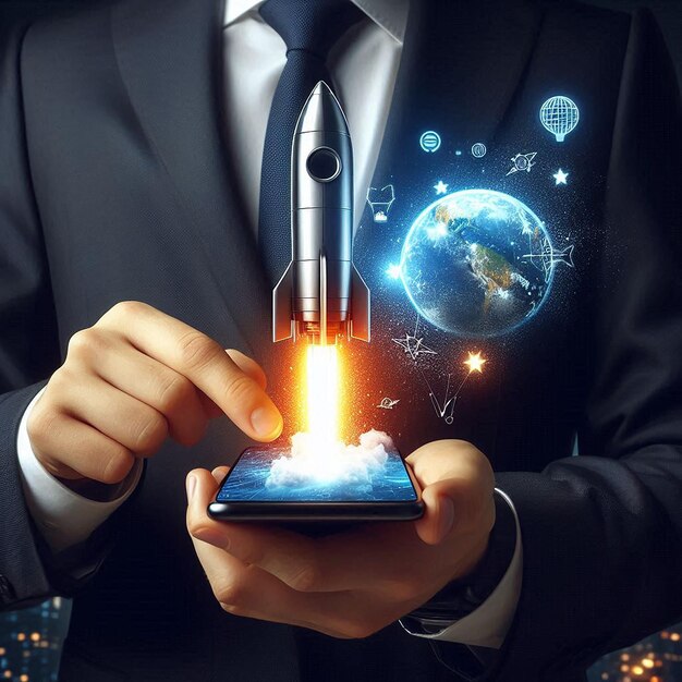 Photo a man in a business suit holds a smart phone with the earth on the screen