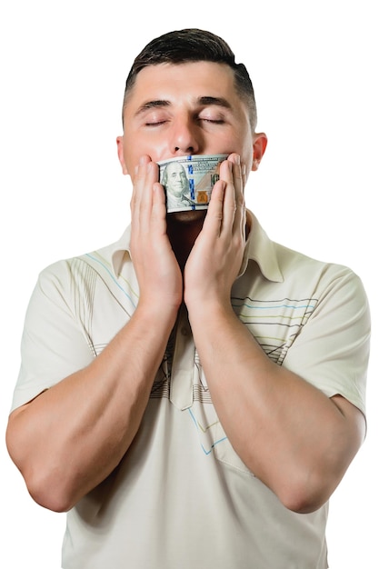 Man businessman in a suit with a closed one hundred dollar bills mouth silent for money the concept