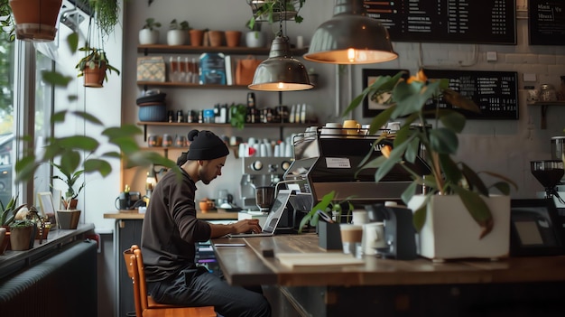 A man in a cafe works on his laptop while sitting at a wooden table