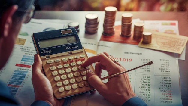 Man calculating money savings and living costs with a calculator coins stacked on the table