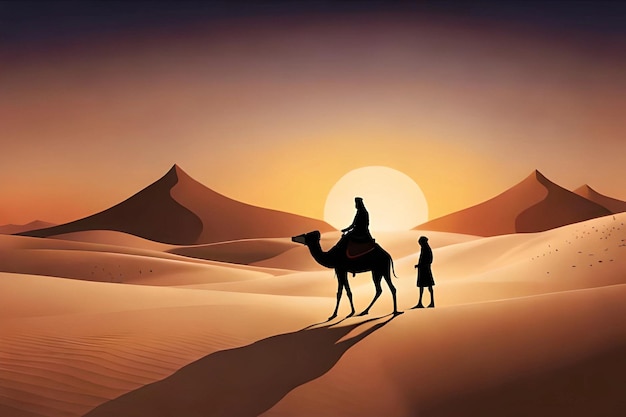 A man on a camel in the desert