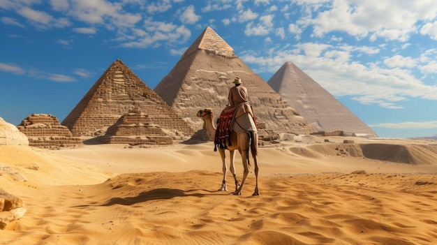 man on a camel walking towards the giza pyramids in the desert