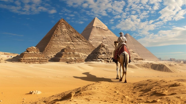 man on a camel walking towards the pyramids of giza in the desert during the day in high resolution and quality