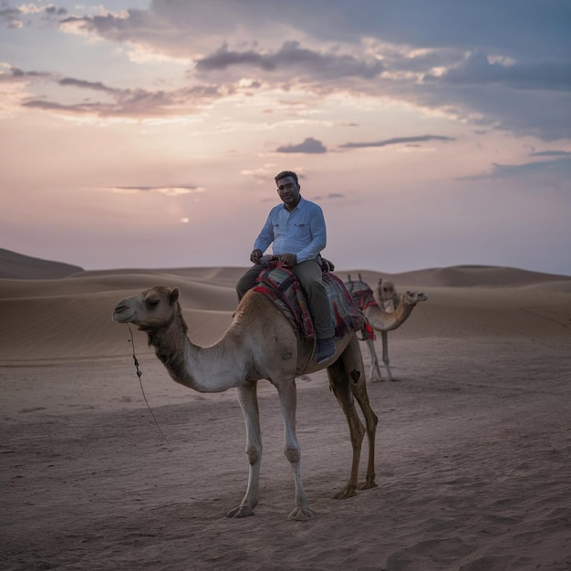 a man on a camel with a sunset in the background