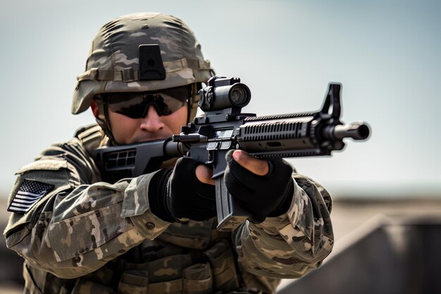 a man in camouflage holding a gun A male individual concealed in camouflage attire with a firearm in hand