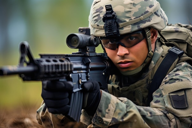 a man in camouflage holding a gun A male individual concealed in camouflage attire with a firearm in hand