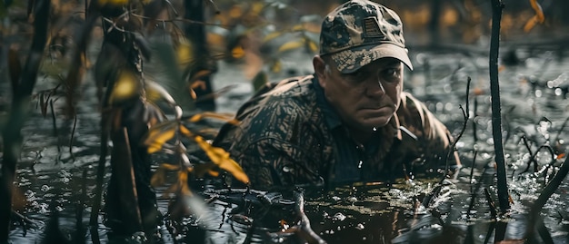 Photo a man in a camouflage with a hat on and a body of water