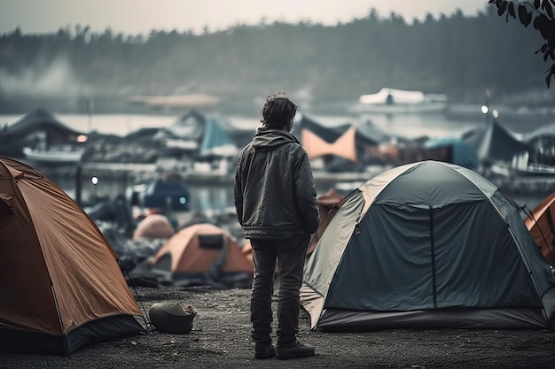 Man camping with tent in nature scene outdoor traveling