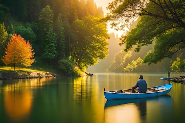 A man in a canoe on a lake with a golden glow.