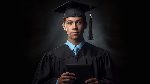 A man in a cap and gown holds a diploma in front of a dark background