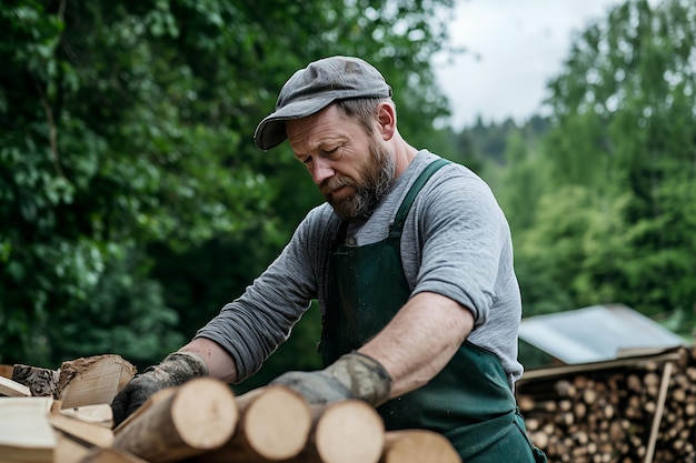 Photo a man in a cap and green apron works with wood logs