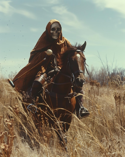 Photo a man in a cape is riding a horse in a field