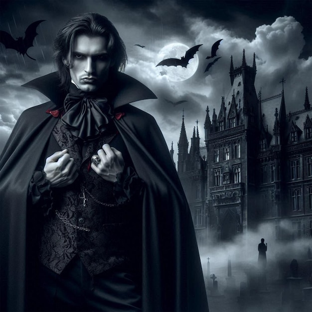 Photo a man in a cape stands in front of a castle with bats flying in the background