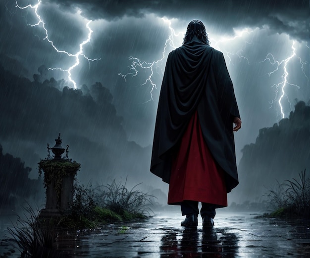 A man in a cape stands in front of a storm with a lightning bolt in the background.