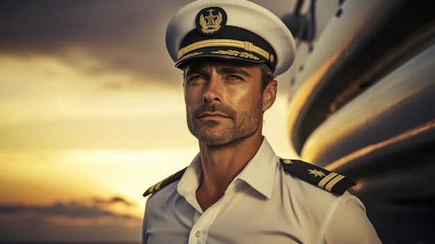 a man in a captains uniform stands in front of a plane