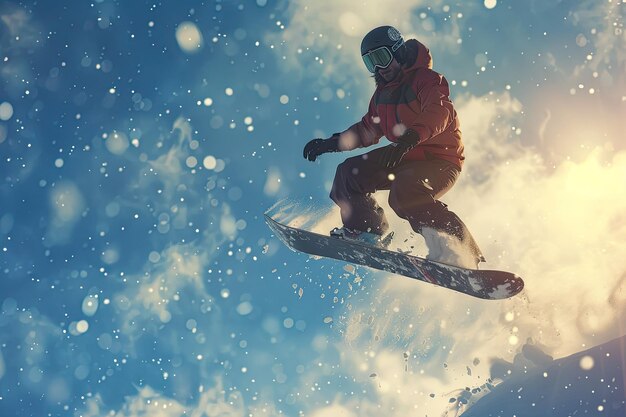 Man Captured Midair While Snowboarding Showcasing Extreme Sports and Winter Adventure