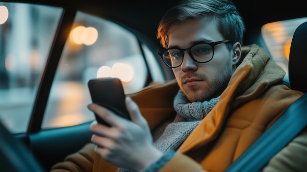 A man in a car at night looks at his phone