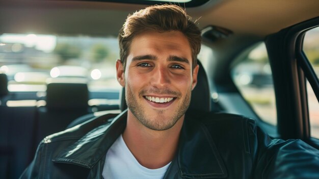 a man in a car smiling with a white shirt on the front