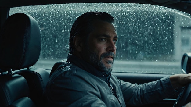 a man in a car with a grey beard and a grey jacket on