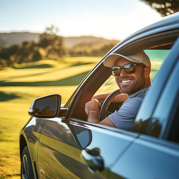 A man in a car with a hat and sunglasses is smiling