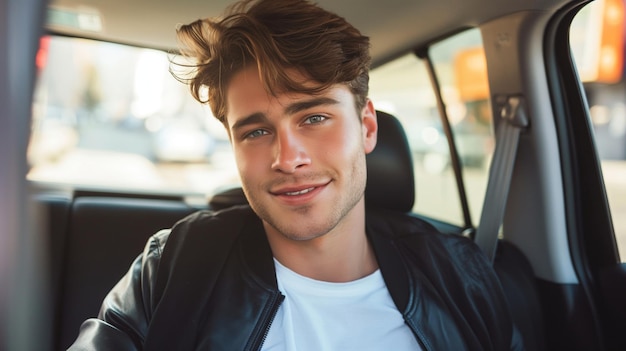 a man in a car with a white shirt that says quot hes smiling quot