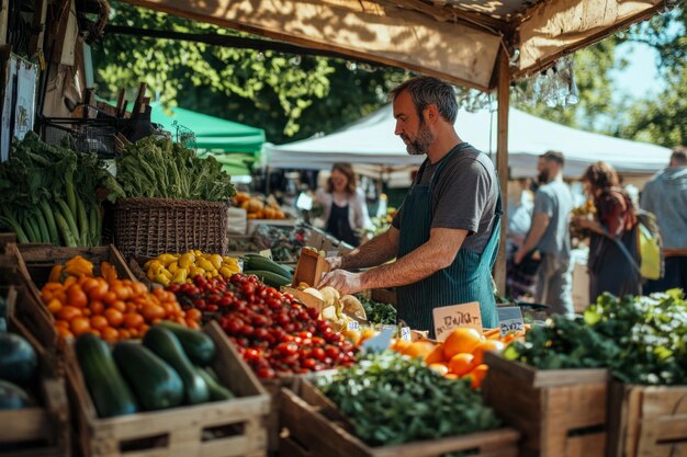 Photo a man carefully arranging fresh vegetables at an outdoor market vibrant colors and lively atmosphe