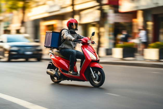 Man carriers on delivery services ride electric scooters and parcel box follow routes map