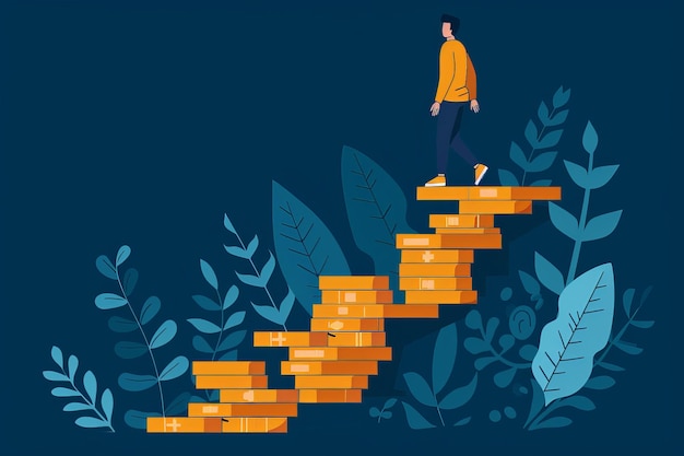 Photo a man carries a stack of coins while going up steps made of coin stacks simple modern flat design